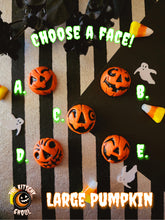 Load image into Gallery viewer, black and white stripe background with 5 pumpkin faces as the subject focus to choose from. Text reads &quot;choose a face! Large Pumpkin.&quot;
